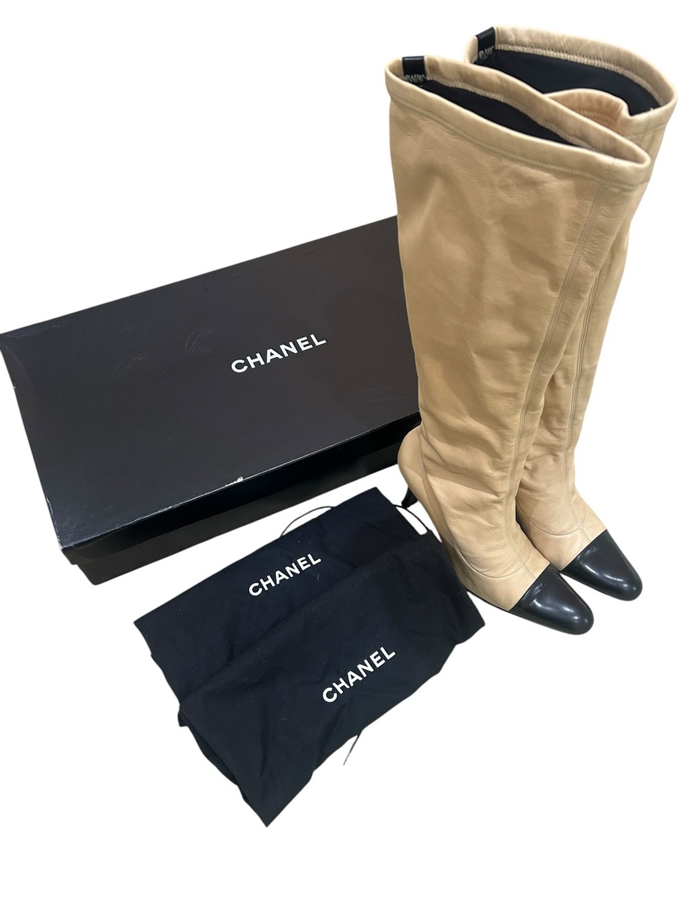CHANEL Beige Leather Boots with Black Cap Toe in dustbags & box size 8.5
